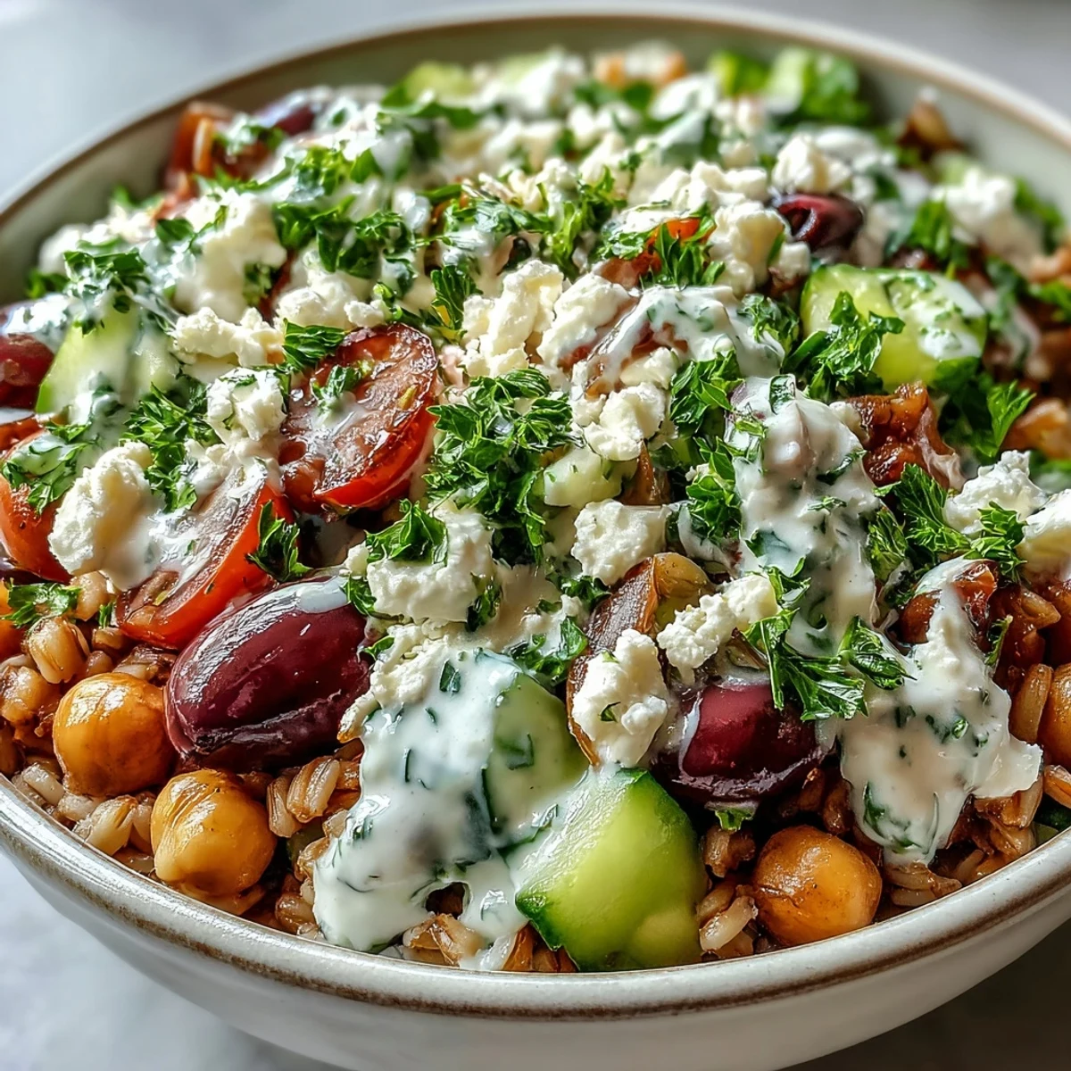 Warm Mediterranean Farro Bowl with farro, cherry tomatoes, cucumber, and spinach, ready for a healthy lunch.