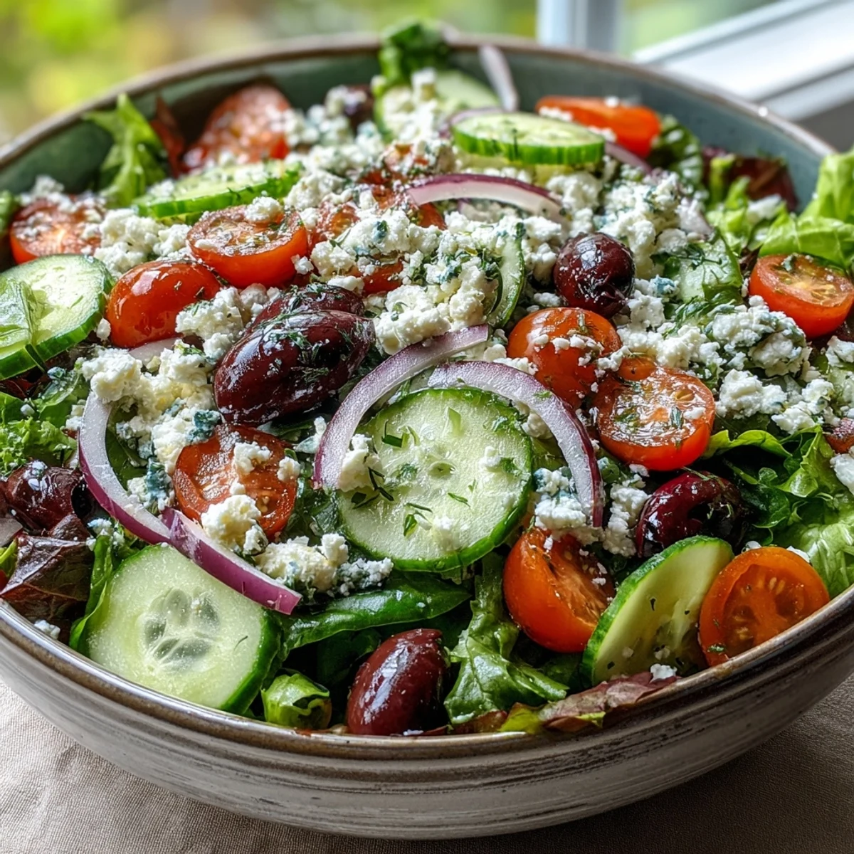 A serving suggestion for Mediterranean Green Salad Bowl beside pita bread, highlighting briny olives and red onion slices.