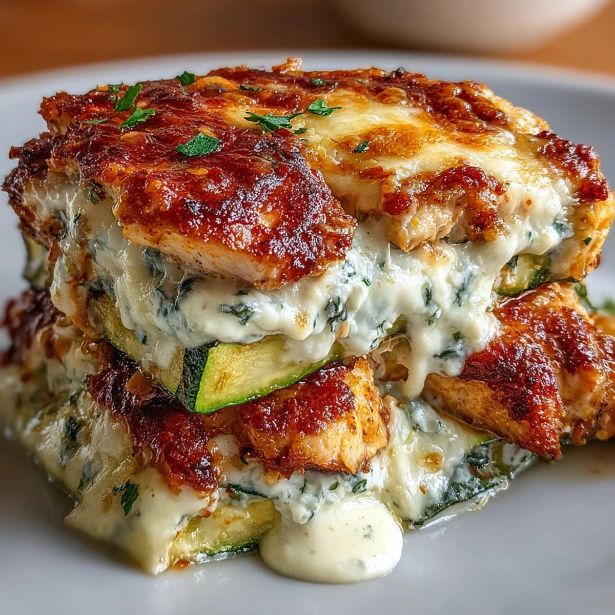 Goldene High Protein Chicken Zucchini Bake mit geschmolzenem Mozzarella und Parmesan.