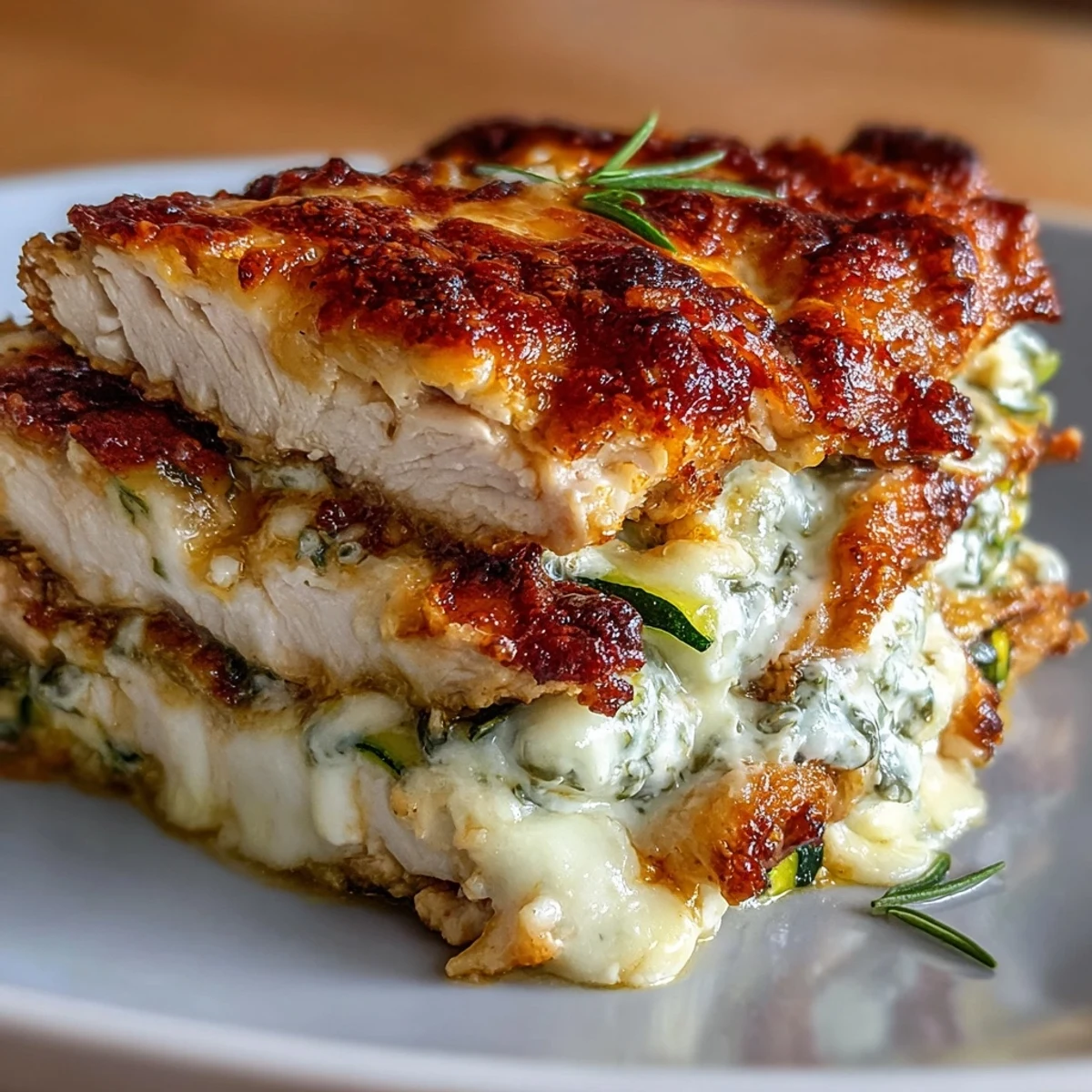 Fertig gebackene High Protein Chicken Zucchini Bake mit frischer Petersilie garniert und dampfend serviert.