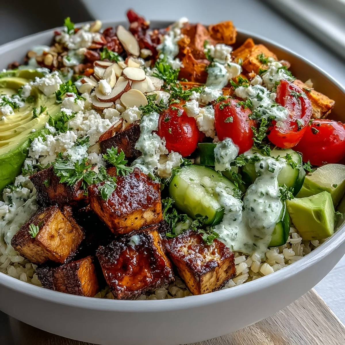 Luscious Customizable Grain Bowl topped with avocado, tomatoes, and tahini dressing in a white ceramic bowl.