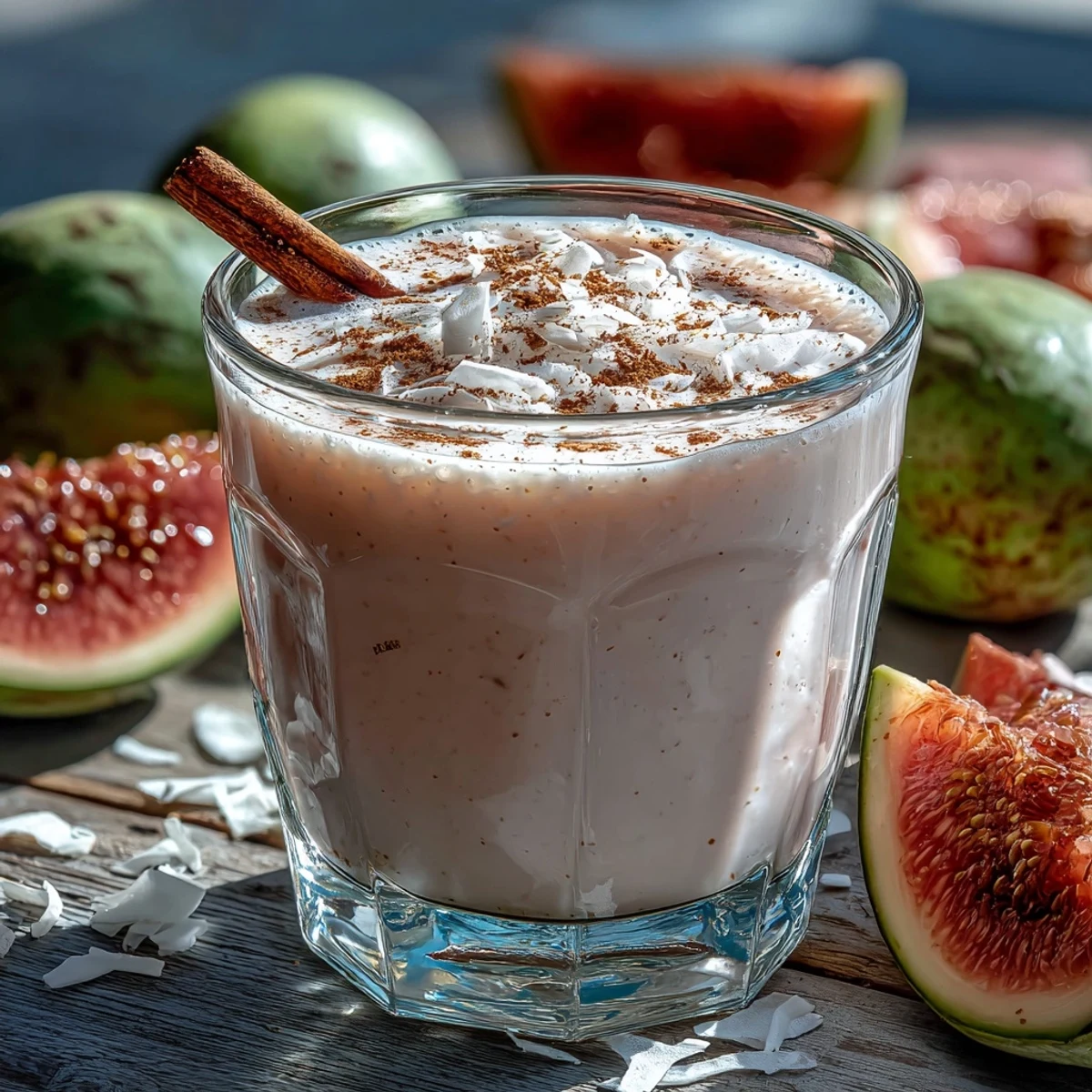 Creamy Guava Coquito poured into a glass, garnished with cinnamon and a tropical vibe.