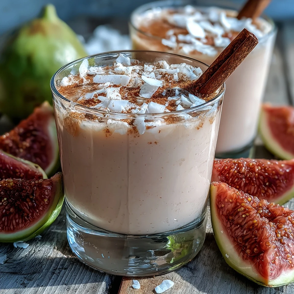 Sweet Guava Coquito blended with coconut and spices, ready to be poured from a jar.
