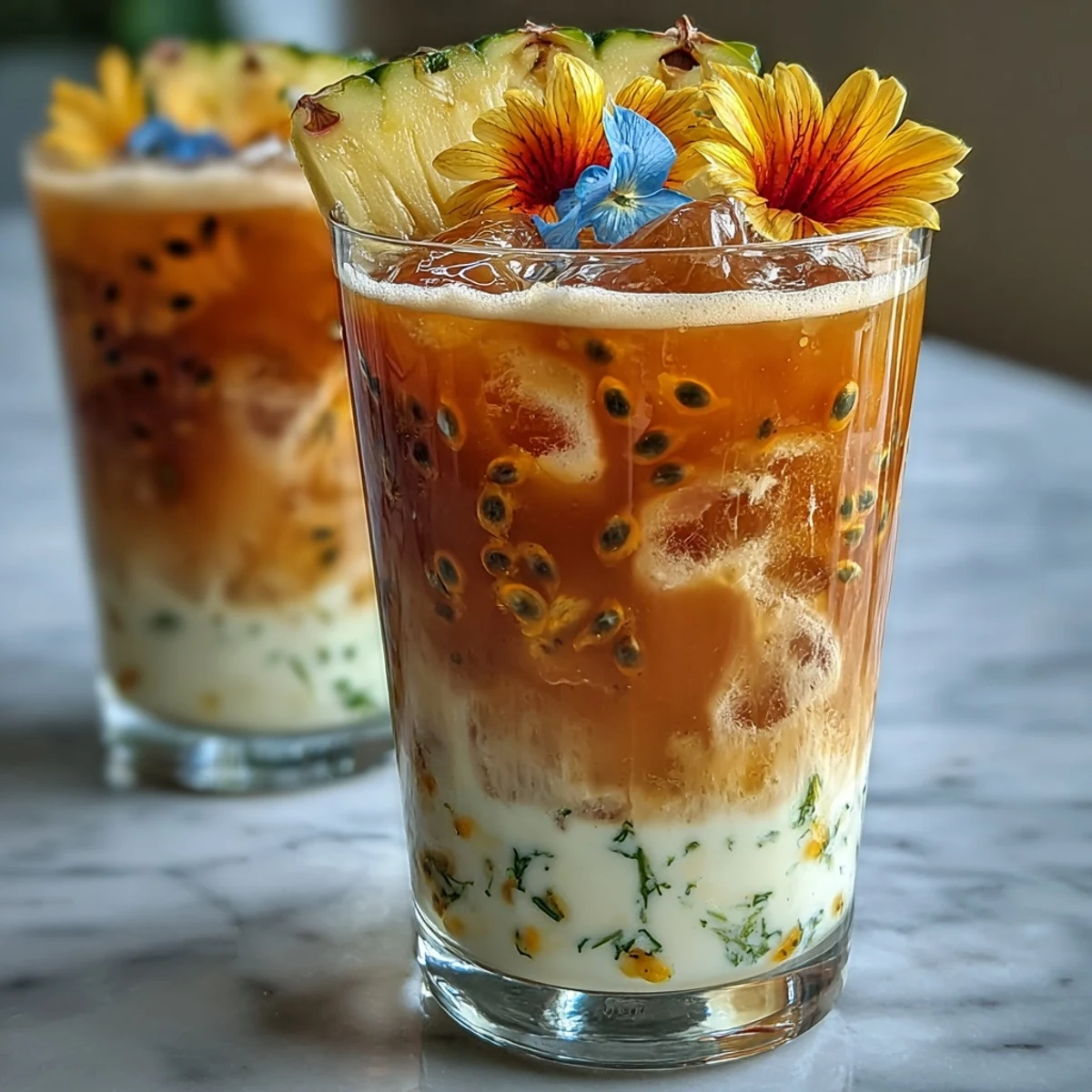 Frothy iced Iced Guava Passionfruit Drink poured over ice, inspired by a favorite coffeehouse.