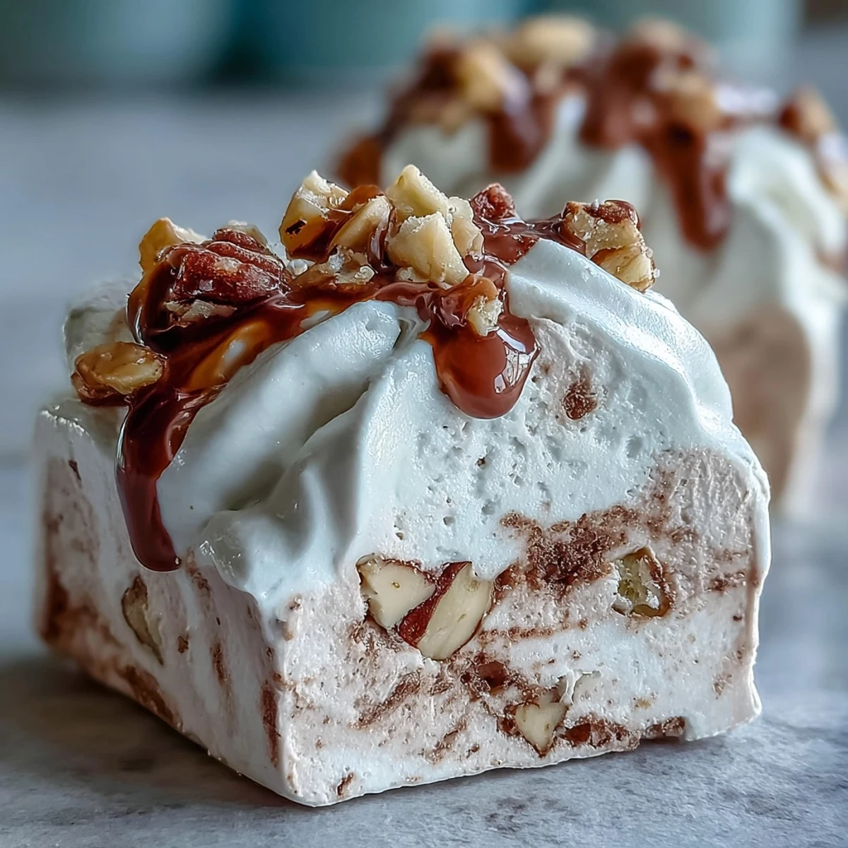 Hojicha Nougat mit gerösteten Mandeln und Pistazien auf weißem Hintergrund