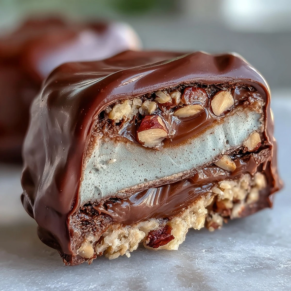 Goldbraune Hojicha Nougat auf einem Löffel mit grünem Tee-Pulver