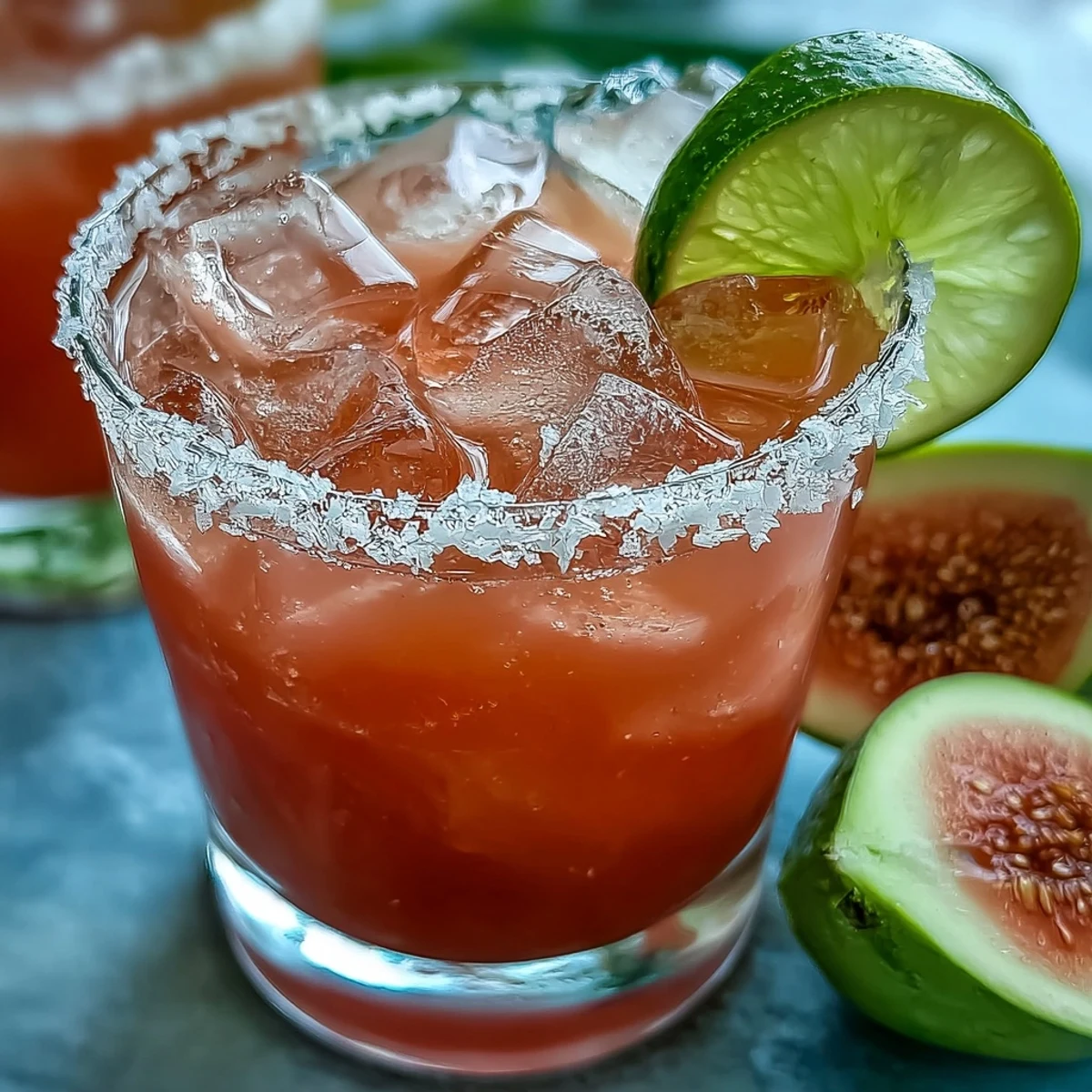 Frisch gerührter Guava Margarita mit Salzrand, in einem gekühlten Glas mit Eiswürfeln.