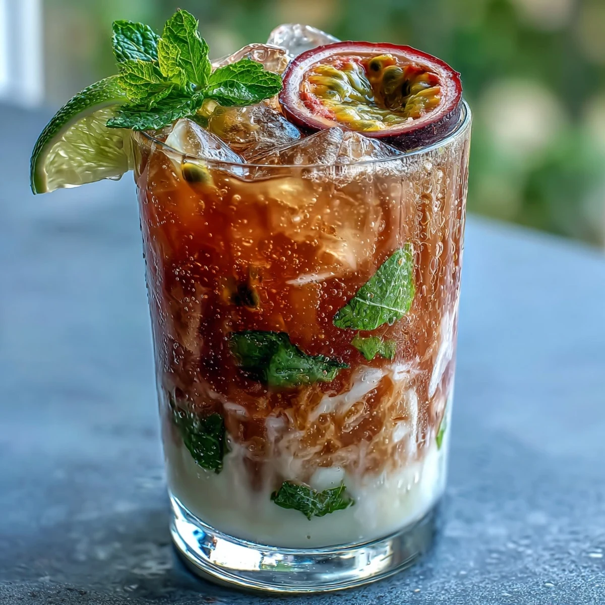 Glas mit DIY Iced Guava Passionfruit Drink gefüllt mit Eiswürfeln, Minzblättern und Limettenspalten für erfrischenden Genuss.