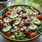 Frische mediterrane Zutaten wie Oliven und Gurken in einer grünen Salad Bowl, fertig für einen gesunden Mittagsimbiss.