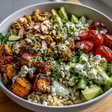 Colorful Customizable Grain Bowl with quinoa, grilled chicken, cucumbers, and fresh herbs on a rustic table.