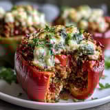 Farbenfrohe Paprika gefüllt mit aromatischem Quinoa, frischen Kräutern und Gemüse, gebacken für ein gesundes Frühlingsessen.  
