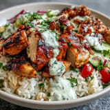 Wunderschöner Middle Eastern Shawarma Bowl, beladen mit Gewürz-Hähnchen und frischem Gemüse.