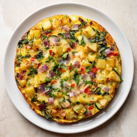 Golden brown Potato and Vegetable Frittata, baked to perfection, ideal for a satisfying brunch.