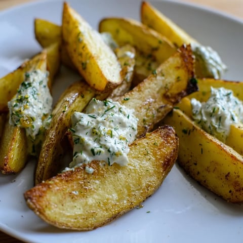 Crispy oven-baked potatoes, glistening and golden, served with a creamy herb quark for dipping.