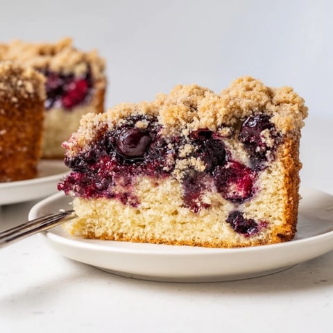 Moist German cherry coffee cake, topped with golden streusel and sweet cherries, ready to serve.