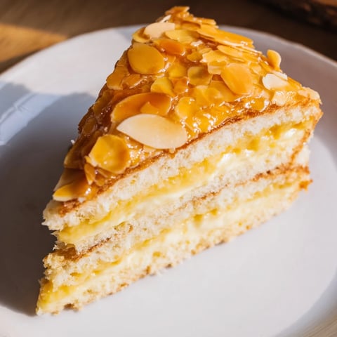 A close-up of a Bee Sting Cake showing the caramelized almond topping's textures and layers.