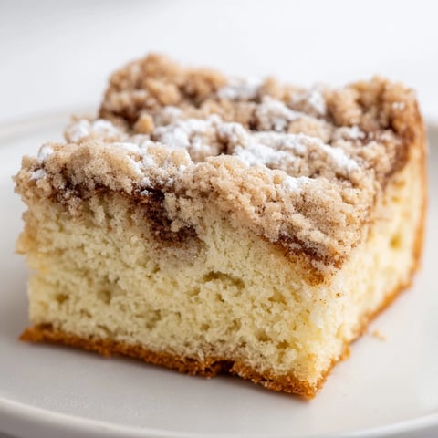 Golden-brown German Crumb Cake, a slice with crumbly topping, ready to enjoy with coffee.