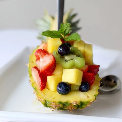 Vibrant Tropical Pineapple Fruit Boat brimming with colorful fresh fruit, garnished with mint.