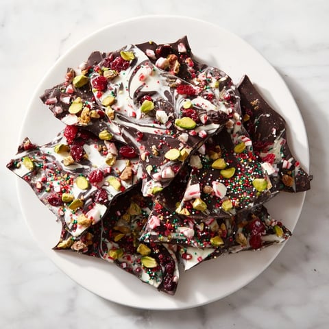 Festively decorated Holiday Bark Shards, a delicious holiday dessert with colorful toppings.