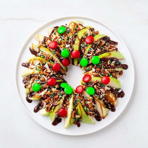 A shiny Caramel Apple Slice Christmas Wreath, perfect for a festive holiday dessert table.