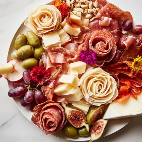 A beautifully arranged Artisan Array charcuterie board with folded meats and sculpted cheese roses, ready to serve.