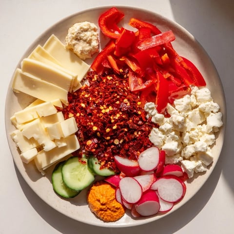 A vibrant Spicy Hot Take Platter: a festive appetizer with chili peppers and cheeses.