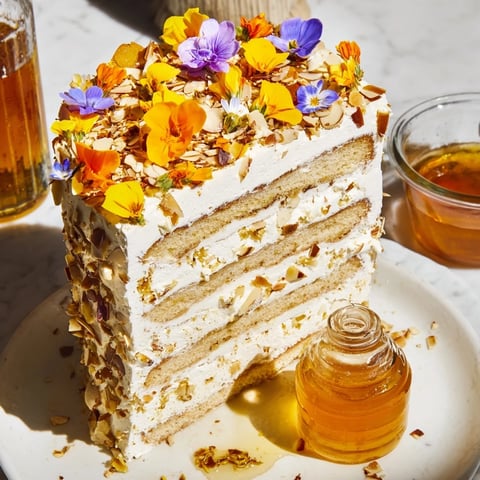 Golden layers of The Honey-Drip dessert, with a central honey pot for dipping cake slices.