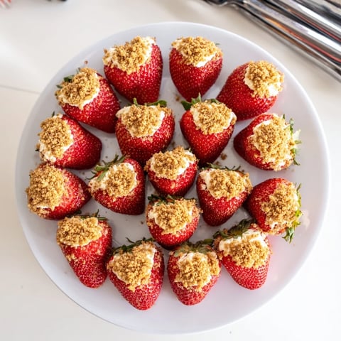 Fresh Cheesecake Stuffed Strawberries, bite-sized and overflowing with creamy cheesecake filling, ready to serve.