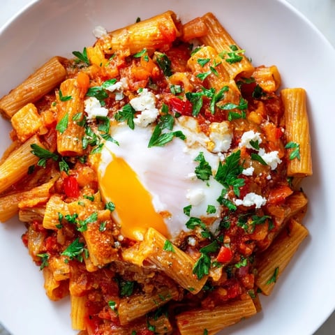Quick Shakshuka Pasta: A view of this quick shakshuka pasta, bubbling with red sauce and perfectly poached eggs.