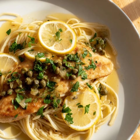 Tender Quick Chicken Piccata Pasta with bright lemon sauce, capers, and fresh parsley.