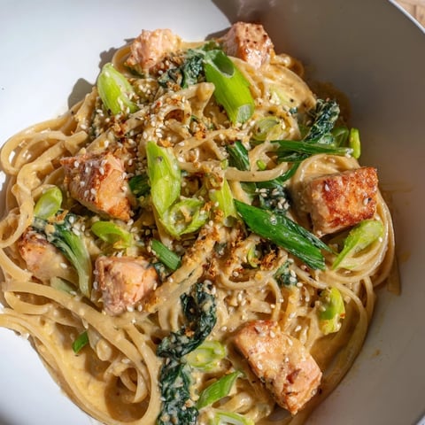 Miso Butter Salmon Pasta with perfectly seared salmon and creamy sauce, ready to serve.