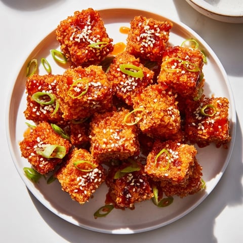 Crispy, golden Honey Sriracha Tofu Nuggets ready to be tossed perfectly with glaze; a delicious appetizer.
