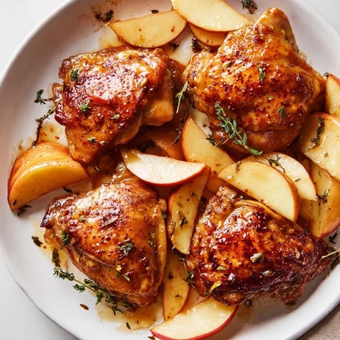 Sticky Maple Apple Chicken, glistening and golden, baked to perfection with tender apples.