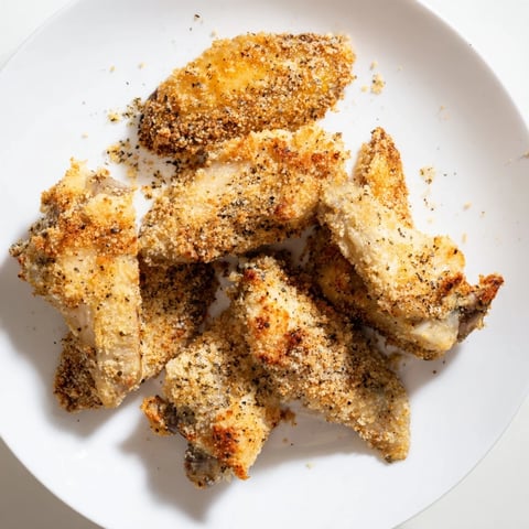 Kross gebackene Parmesan-Hähnchenflügel, knusprig mit goldenem Krustenteig, serviert auf einem Blech.