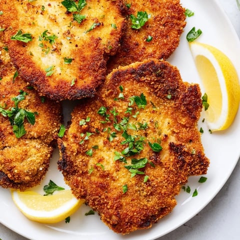 Golden, crispy German Schnitzel cutlets rest on a plate, ready to be served with lemon.