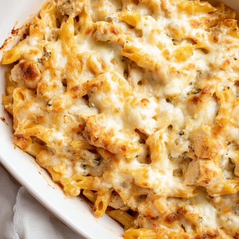 Ein aufgebackener Hühnchen Ranch Pasta Bake mit goldbrauner, bubbeliger Mozzarella-Oberfläche und cremiger Ranch-Sauce, serviert in einer Auflaufform, dampfend heiß.  