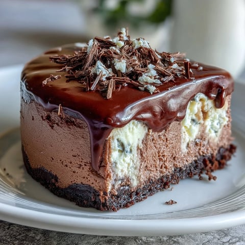 Decadent slice of Lighter Chocolate Cottage Cheese Cheesecake garnished with dark chocolate shavings on a dessert plate.