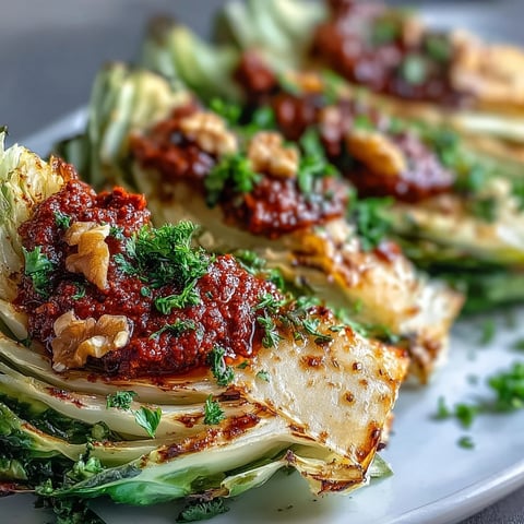 Geröstete Kohlsalat mit Winter Romesco auf einem rustikalen Holztisch, angerichtet mit frischer Petersilie und Zitronenspalten.
