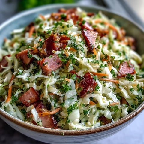 Frisch zubereiteter German Cabbage Coleslaw mit Shredded Ham, knackigem Kohl und einer würzigen Apfelessig-Dressing.