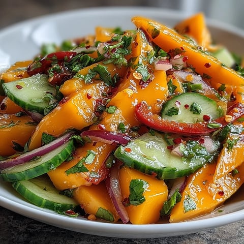 Vibrant Mango Salad mit Limetten-Dressing auf einem weißen Teller, garniert mit frischem Koriander und roten Chilis für eine frische, cremige Note.