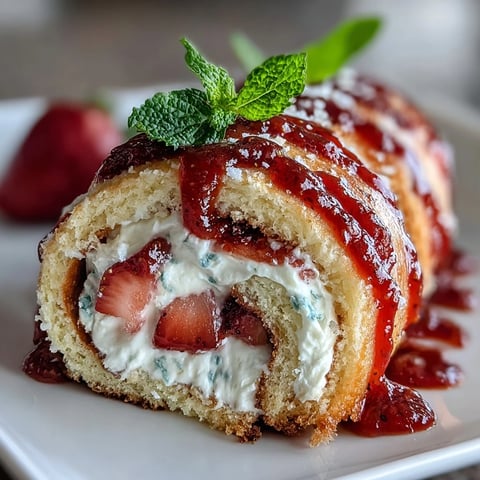 Geschichtete crepes- und schwammtuch-rollen mit saftigen erdbeeren und zarter cremefüllung, sushi-artig serviert.