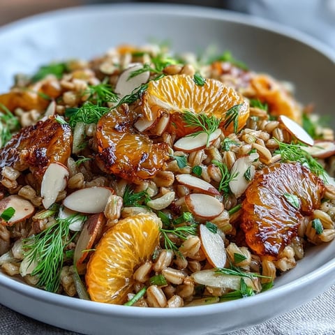 Farro salad bowl with fennel, oranges, and almonds, colorful and refreshing, ready for a light lunch.  