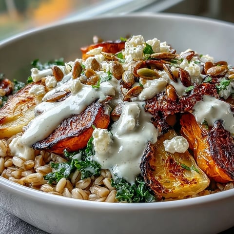 Warme Hearty Winter Grain Bowl mit gerösteten Wurzelgemüsen und cremigem Tahini-Dressing auf einer Schüssel.