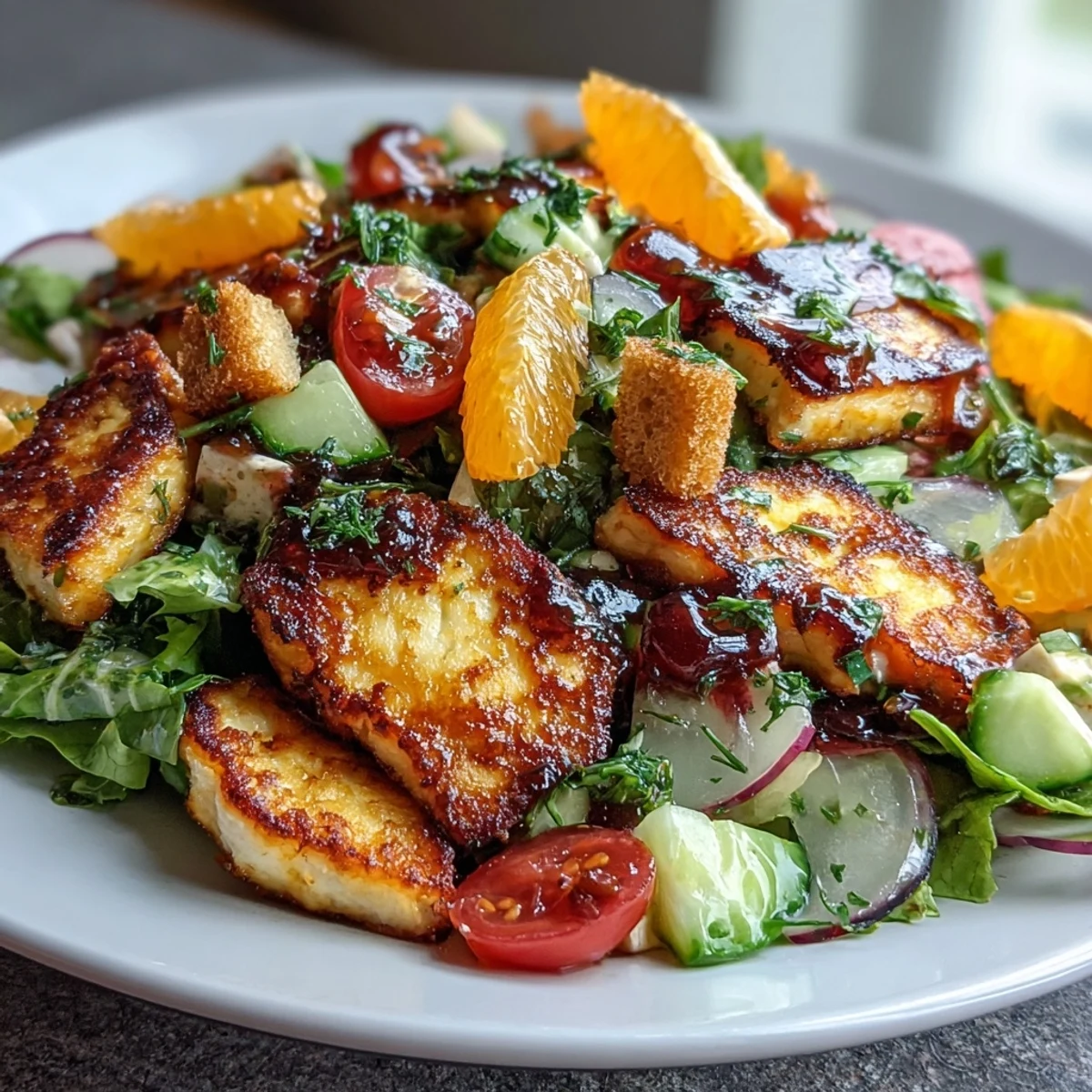 Halloumi Blood Orange Fattoush with golden fried cheese and blood orange segments on mixed greens.  