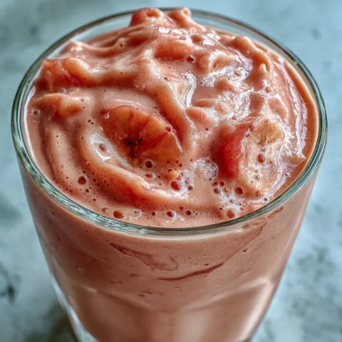 Ein cremiger Guava Banana Smoothie mit Eiswürfeln in einem Glas, garniert mit Bananen- und Guavascheiben auf dem Rand für einen tropischen Drink.