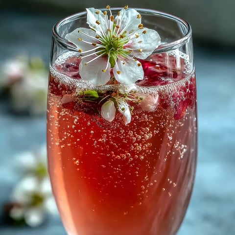 Blushing pink Elderflower Guava Mimosa in champagne flutes, garnished with edible flowers.