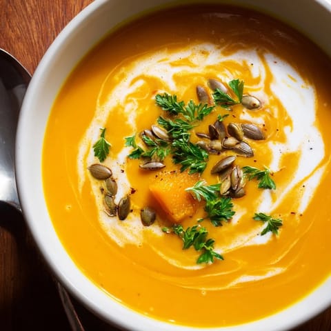 Herzhaftes Rezept für Kürbissuppe, perfekt für kühle Herbsttage, mit frischen Kräutern garniert.  