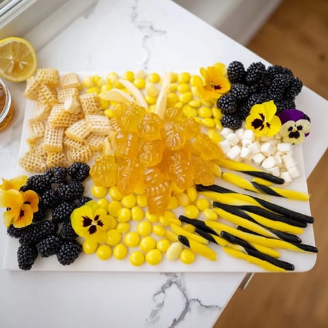 Delicious, bright Bumblebee Candy Board featuring gummies, licorice, and fresh berries.