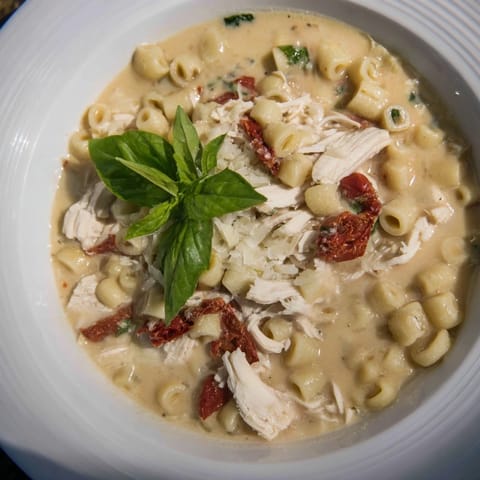 Cozy bowl of Marry Me Chicken Soup, ready to be enjoyed with tender chicken and herbs.