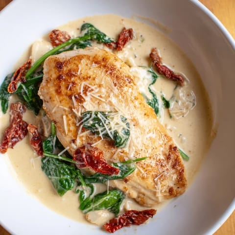A close-up of Creamy Tuscan Chicken, showcasing the creamy sauce and vibrant sun-dried tomatoes.